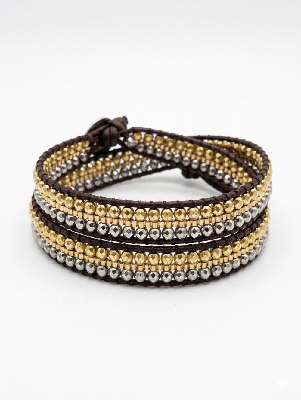 Katie Soleil Beaded Wrap Bracelet Gold Silver Mixed Metal Metallic Leather Boho